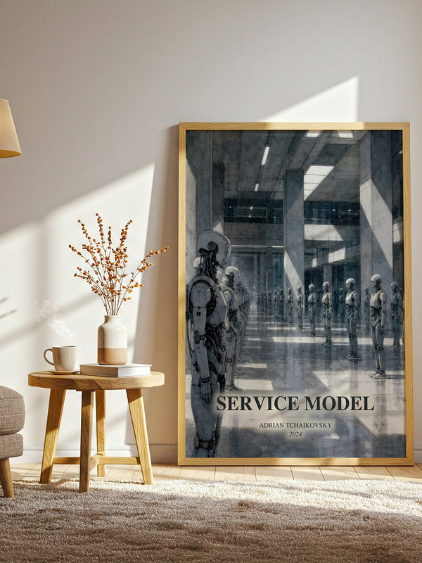 Service Model watercolour print in frame leaning in hallway – sci fi wall art