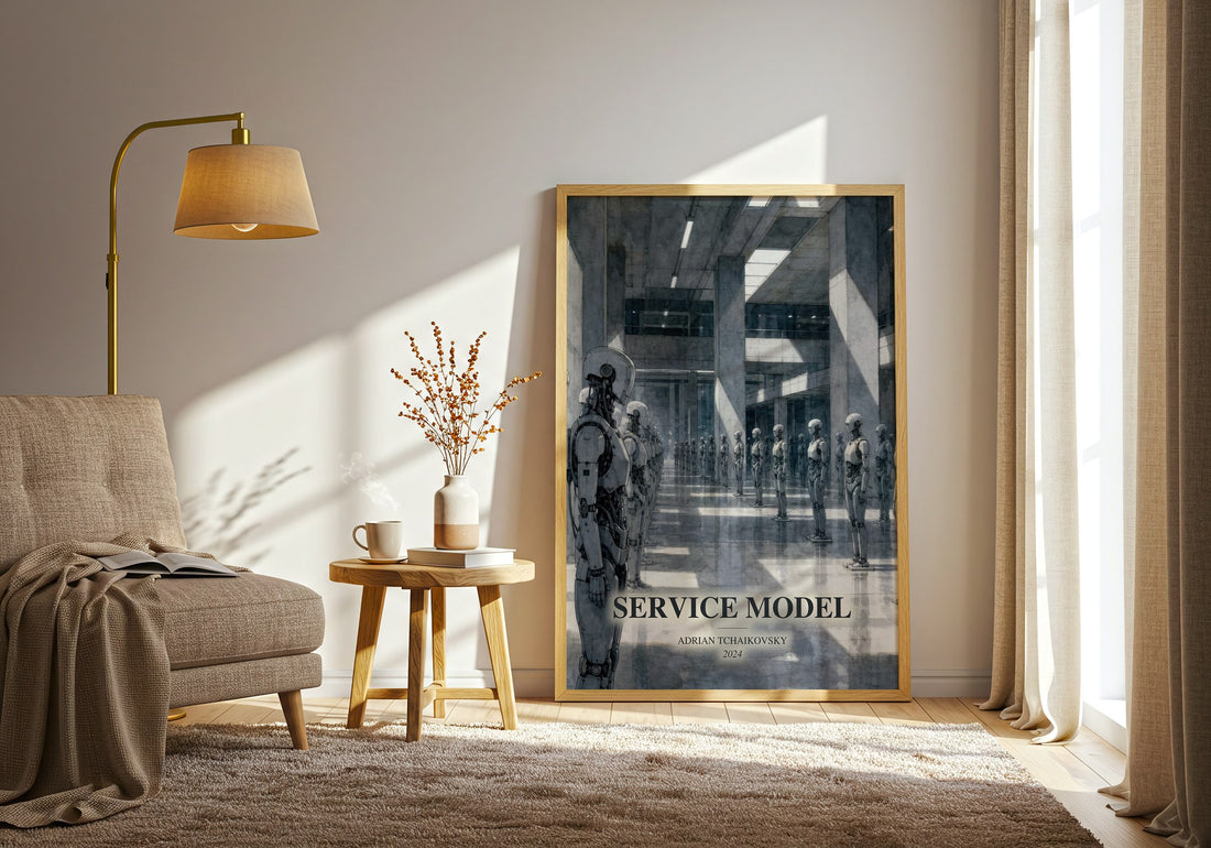 Service Model watercolour print in frame leaning in hallway – sci fi wall art (mockup)