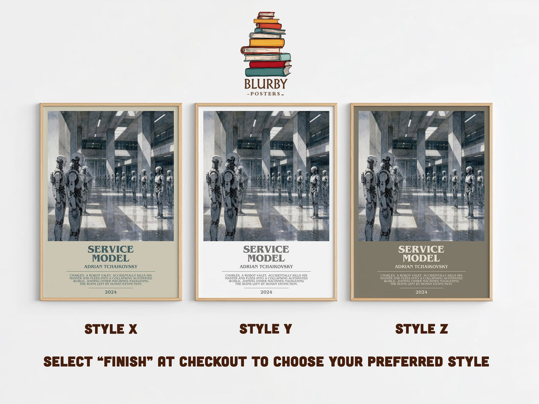 Service Model bookish print in frame leaning in hallway – sci fi wall art (mockup)