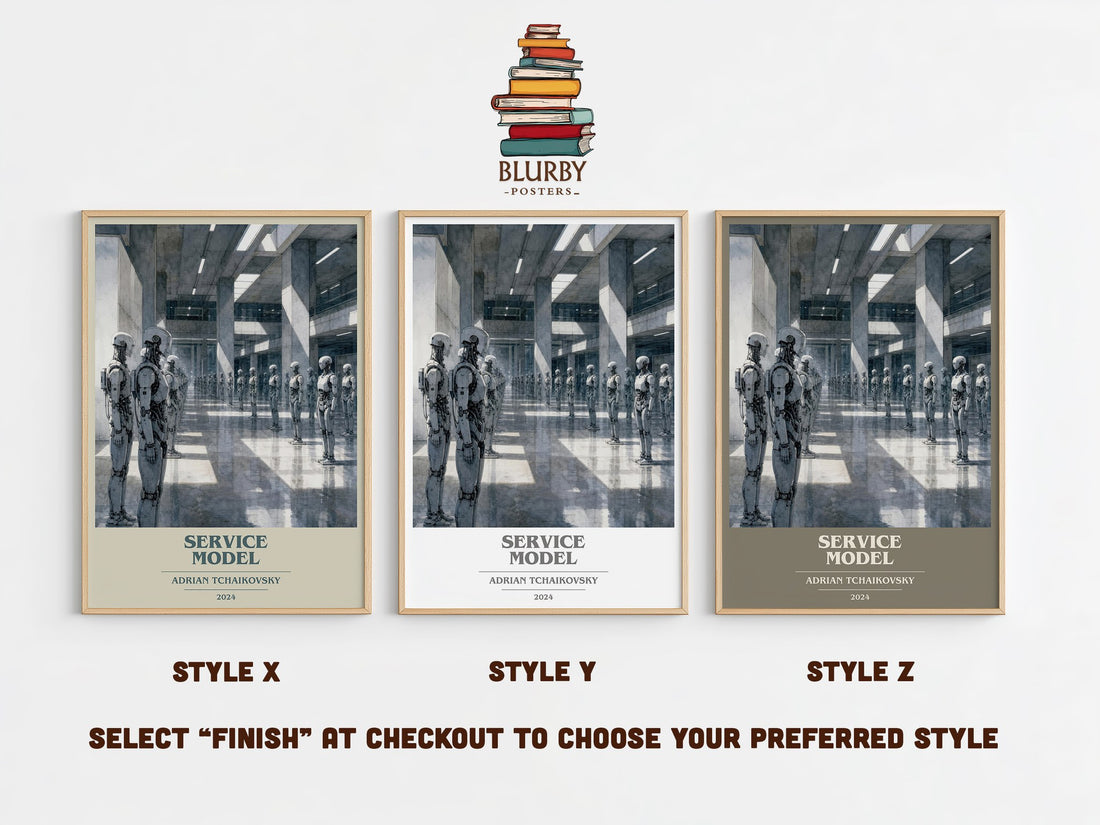 Service Model book cover print in frame leaning in hallway – sci fi wall art (mockup)