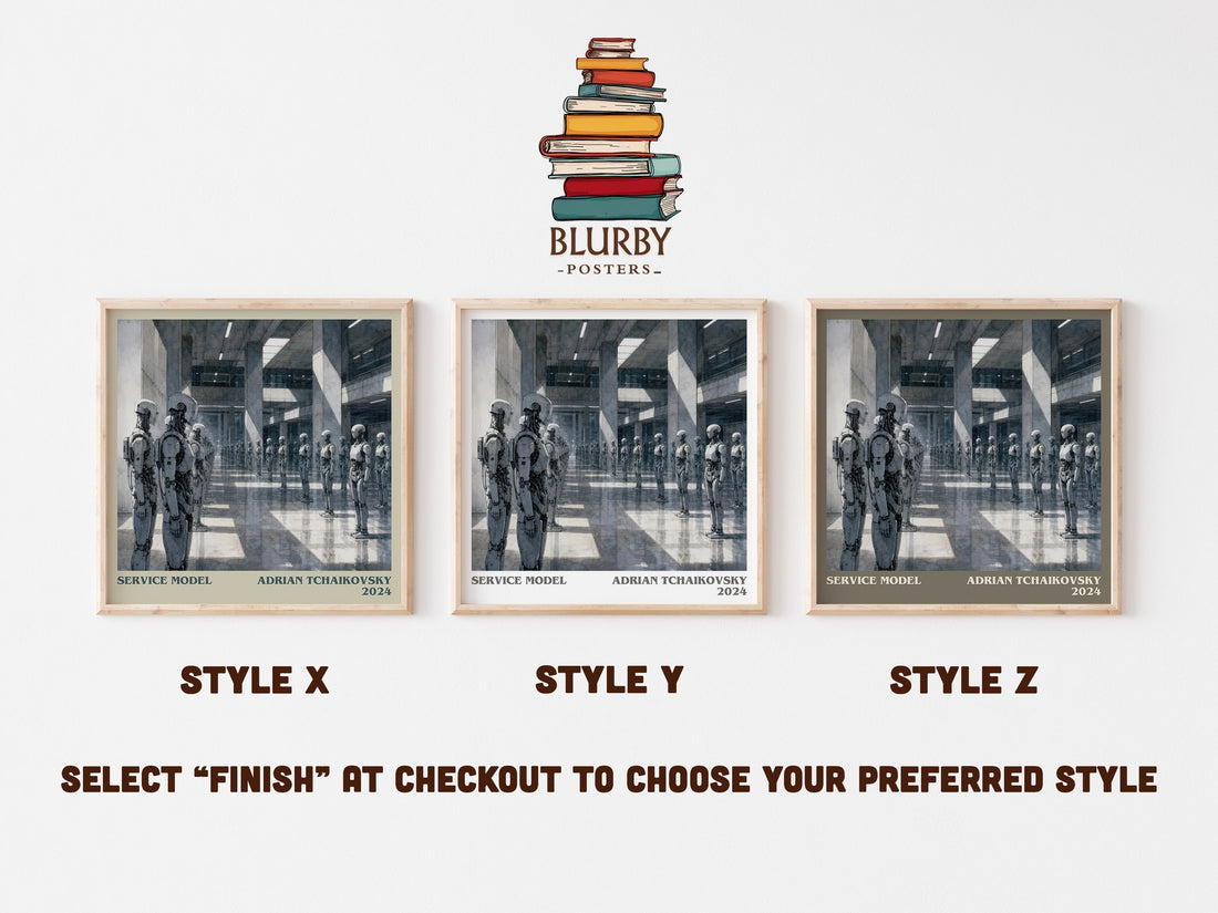 Service Model literary print in frame leaning in hallway – sci fi wall art (mockup)