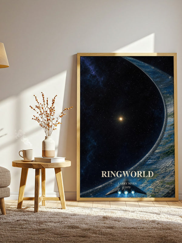 Ringworld watercolour print in frame leaning in hallway – sci fi wall art