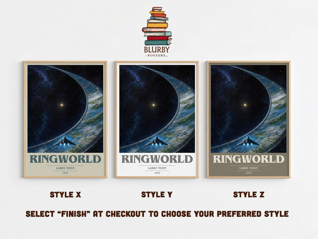 Ringworld book cover print in frame leaning in hallway – sci fi wall art (mockup)