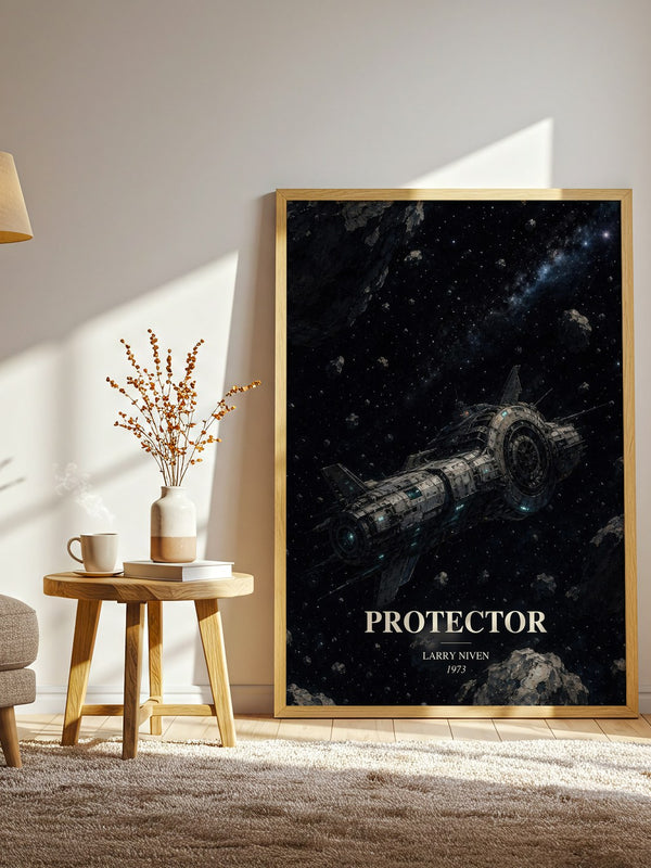 Protector watercolour print in frame leaning in hallway – sci fi wall art