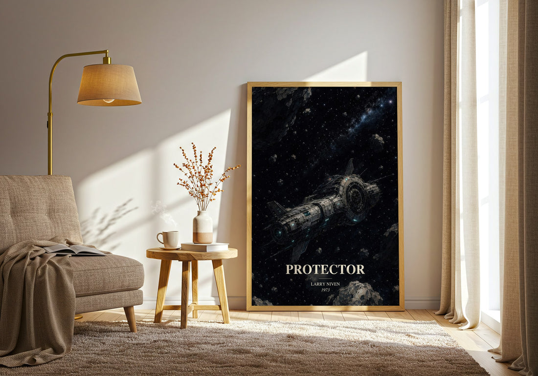 Protector watercolour print in frame leaning in hallway – sci fi wall art (mockup)