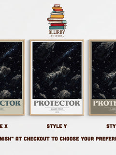 Protector book cover print in frame leaning in hallway – sci fi wall art