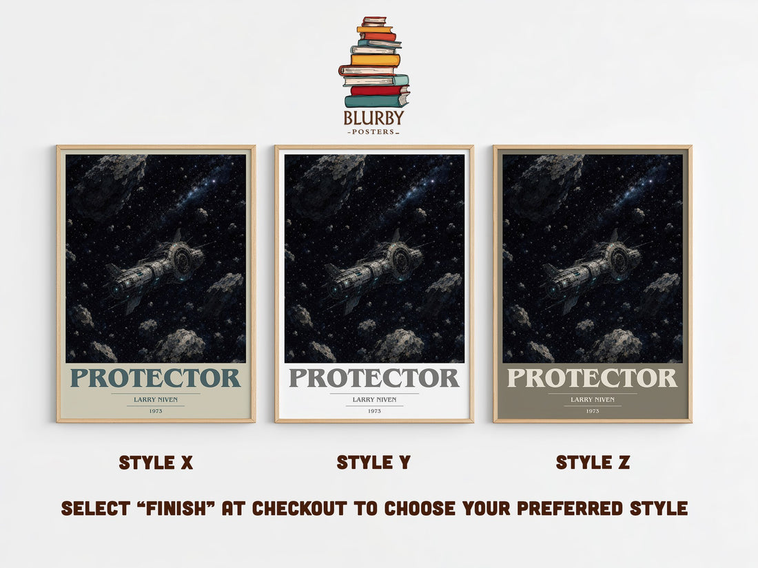 Protector book cover print in frame leaning in hallway – sci fi wall art (mockup)