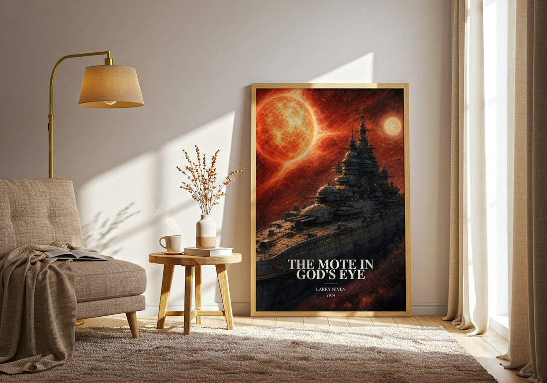 The Mote in God's Eye watercolour print in frame leaning in hallway – sci fi wall art (mockup)