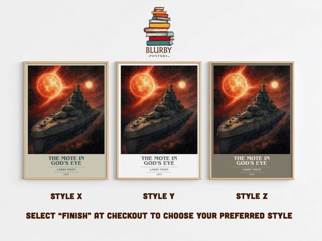 The Mote in God's Eye book cover print in frame leaning in hallway – sci fi wall art (mockup)