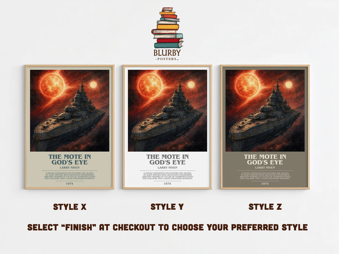 The Mote in God's Eye bookish print in frame leaning in hallway – sci fi wall art (mockup)
