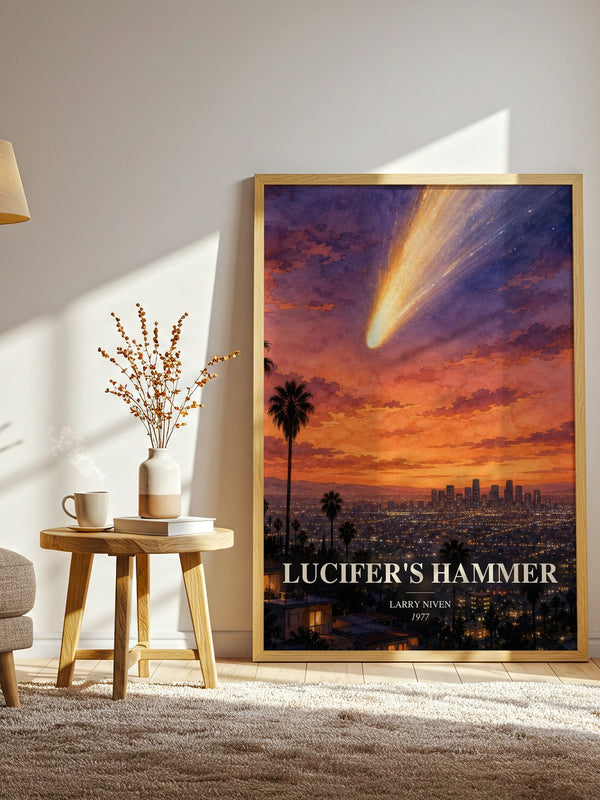 Lucifer's Hammer watercolour print in frame leaning in hallway – sci fi wall art