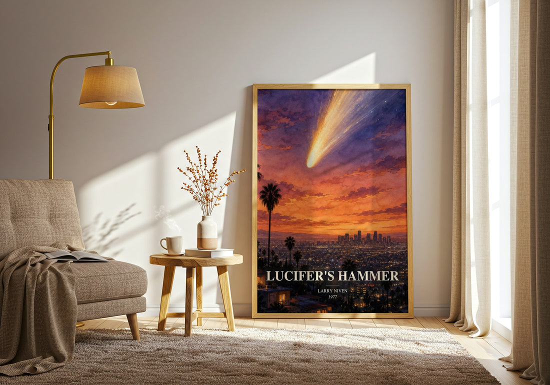 Lucifer's Hammer watercolour print in frame leaning in hallway – sci fi wall art (mockup)