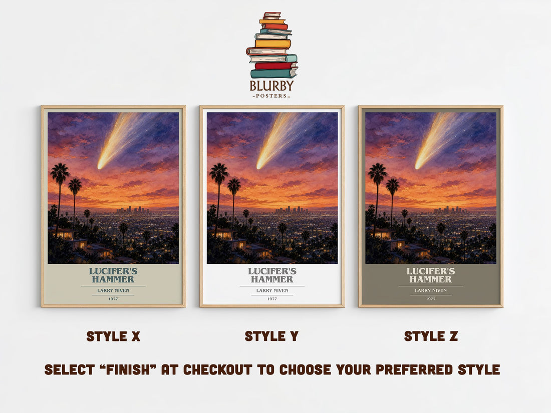Lucifer's Hammer book cover print in frame leaning in hallway – sci fi wall art (mockup)