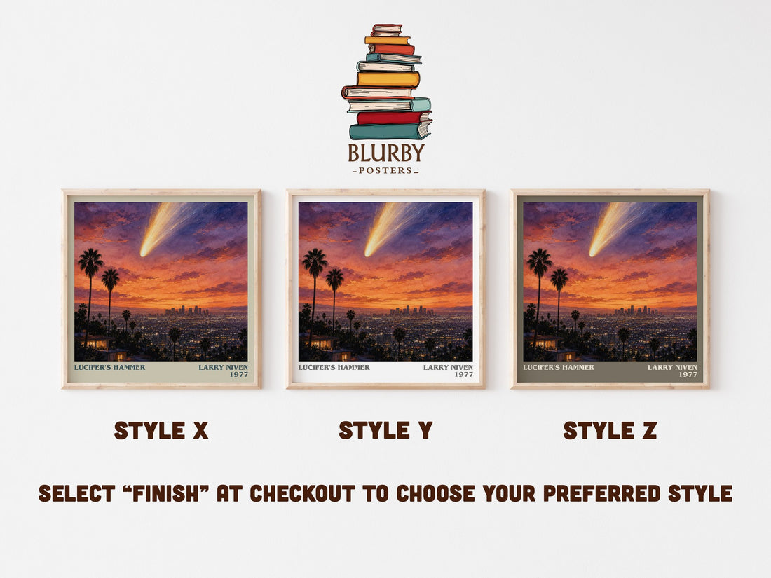 Lucifer's Hammer literary print in frame leaning in hallway – sci fi wall art (mockup)