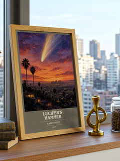 Lucifer's Hammer book cover print framed by window – literary home decor
