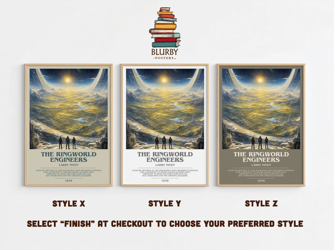The Ringworld Engineers bookish print in frame leaning in hallway – sci fi wall art (mockup)