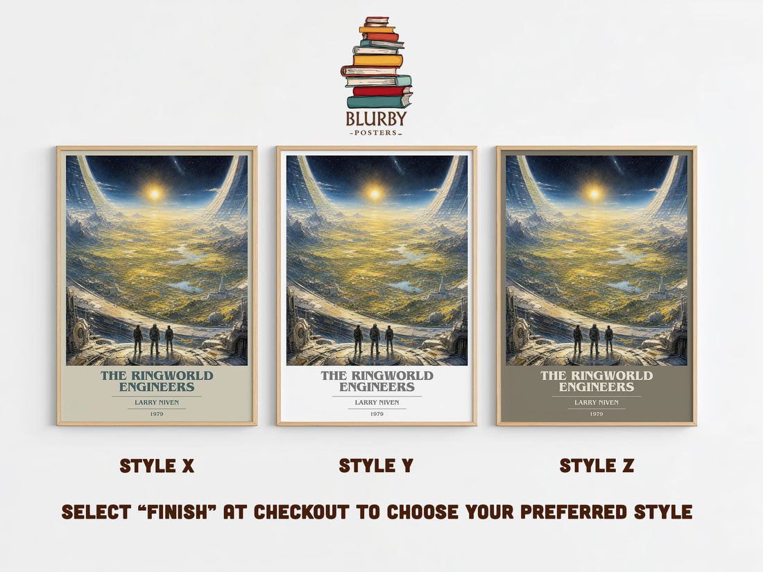 The Ringworld Engineers book cover print in frame leaning in hallway – sci fi wall art (mockup)