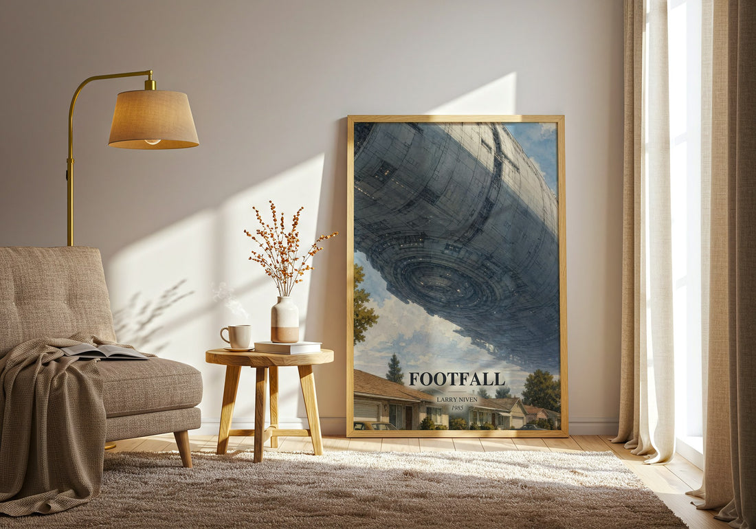 Footfall watercolour print in frame leaning in hallway – sci fi wall art (mockup)