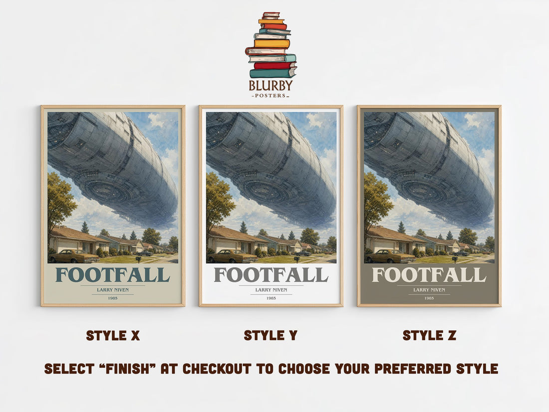 Footfall book cover print in frame leaning in hallway – sci fi wall art (mockup)