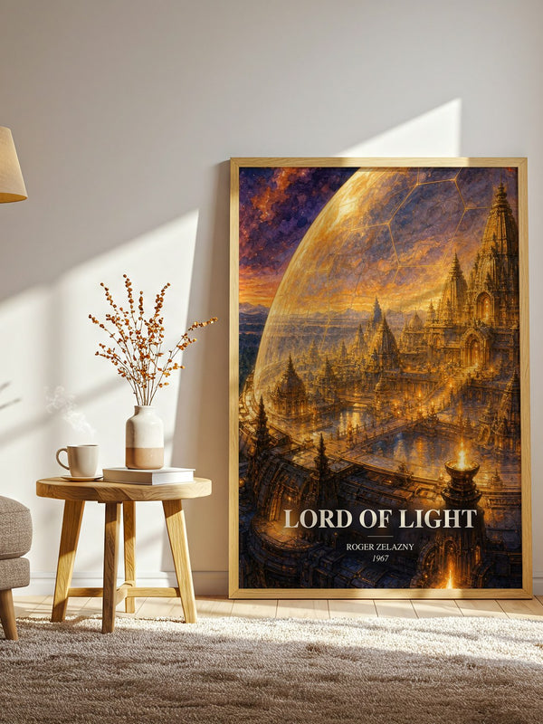 Lord of Light watercolour print in frame leaning in hallway – sci fi wall art