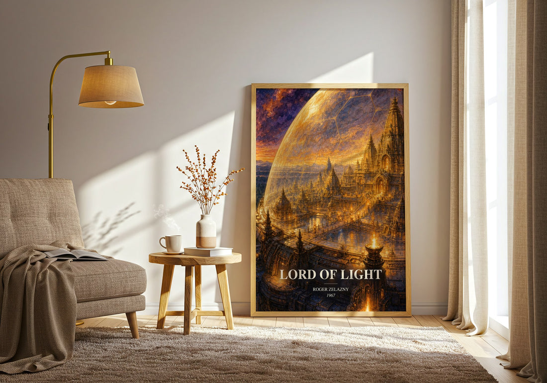 Lord of Light watercolour print in frame leaning in hallway – sci fi wall art (mockup)