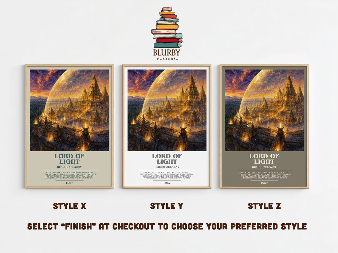 Lord of Light bookish print in frame leaning in hallway – sci fi wall art (mockup)