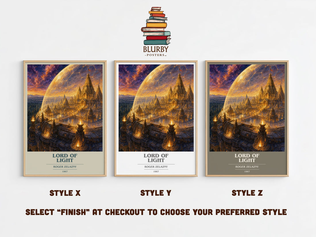 Lord of Light book cover print in frame leaning in hallway – sci fi wall art (mockup)