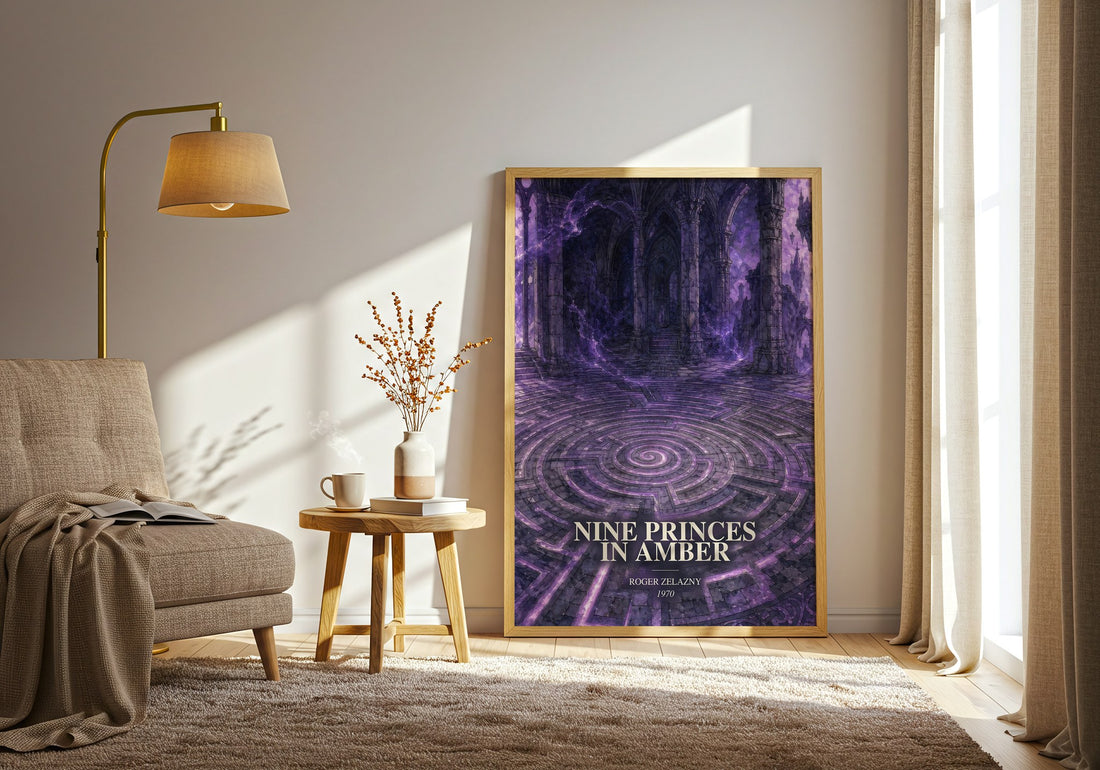 Nine Princes in Amber watercolour print in frame leaning in hallway – fantasy wall art (mockup)