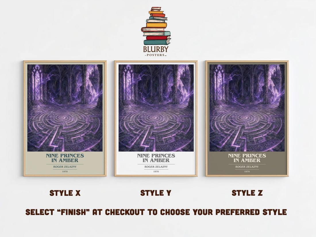 Nine Princes in Amber book cover print in frame leaning in hallway – fantasy wall art (mockup)
