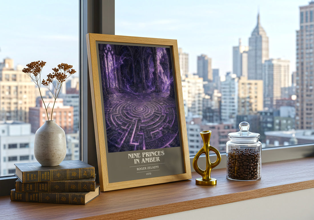 Nine Princes in Amber book cover print framed by window – literary home decor