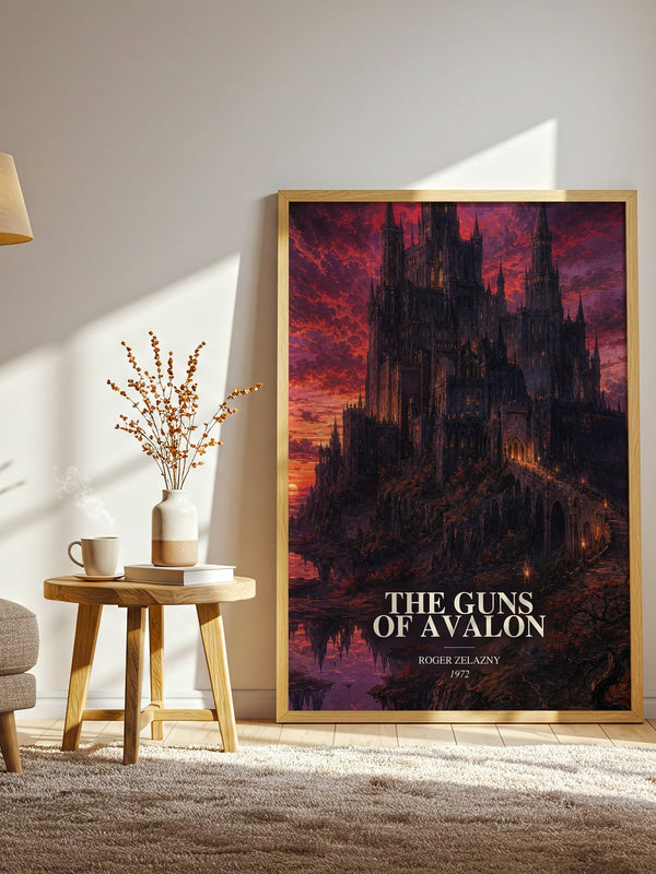 The Guns of Avalon watercolour print in frame leaning in hallway – fantasy wall art