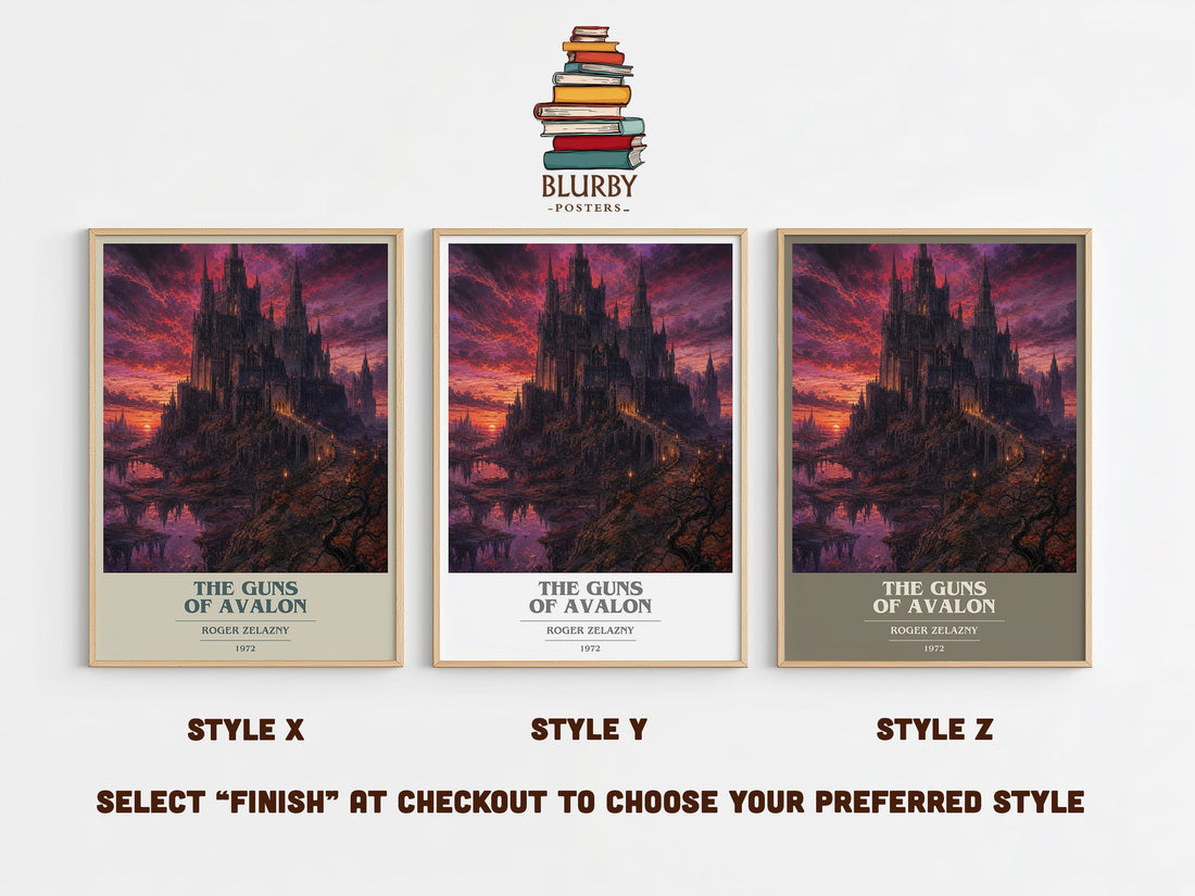The Guns of Avalon book cover print in frame leaning in hallway – fantasy wall art (mockup)