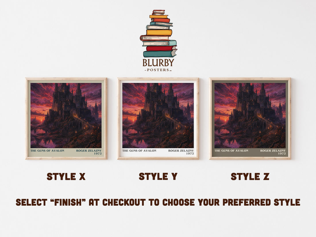 The Guns of Avalon literary print in frame leaning in hallway – fantasy wall art (mockup)