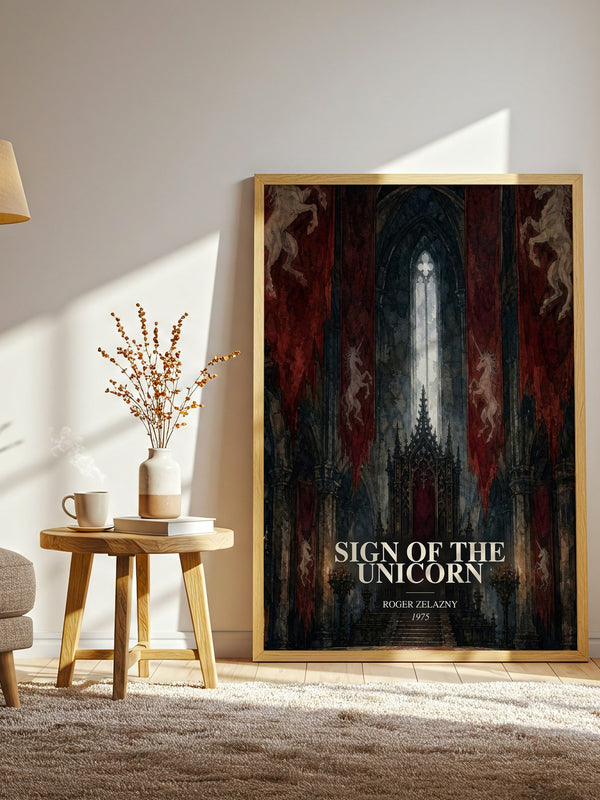 Sign of the Unicorn watercolour print in frame leaning in hallway – fantasy wall art