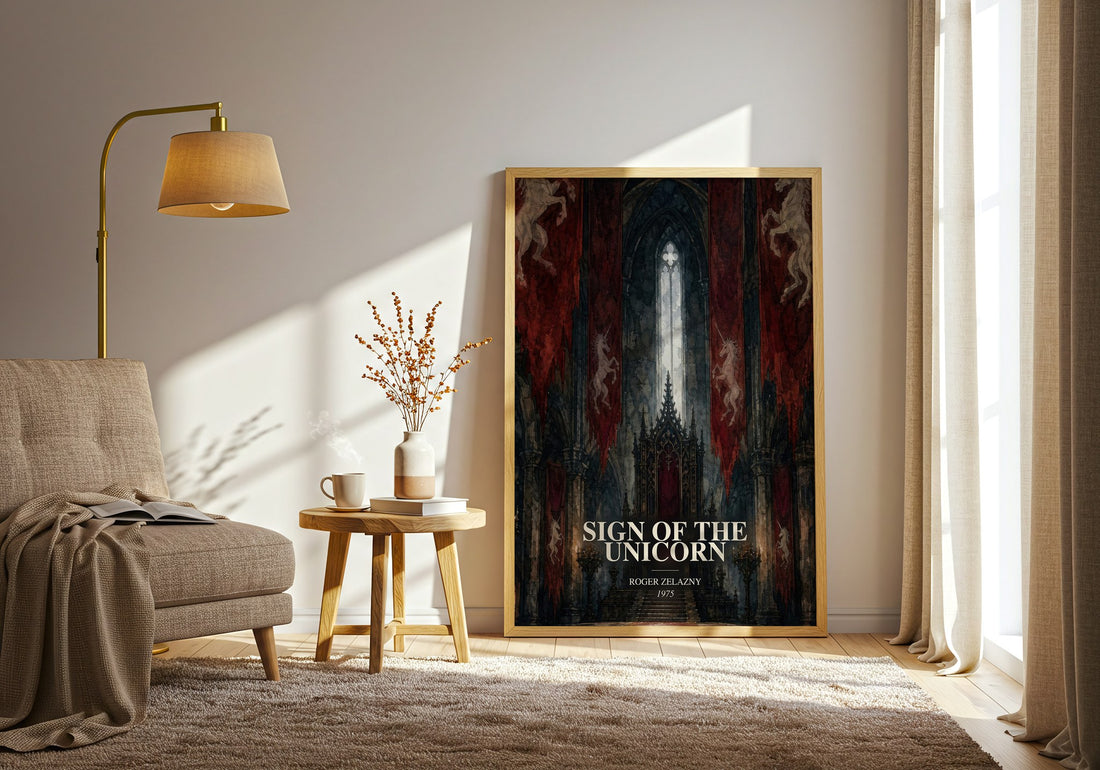 Sign of the Unicorn watercolour print in frame leaning in hallway – fantasy wall art (mockup)