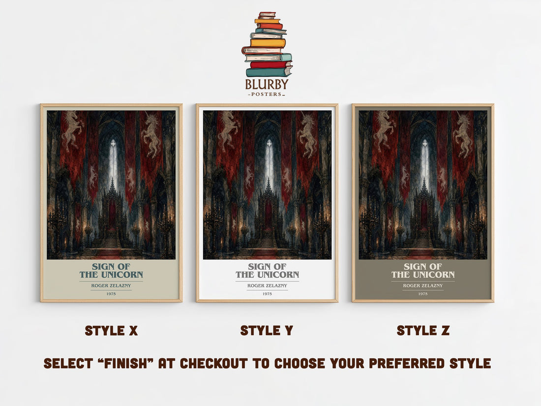 Sign of the Unicorn book cover print in frame leaning in hallway – fantasy wall art (mockup)