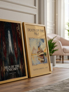 Sign of the Unicorn watercolour print framed by window – literary home decor