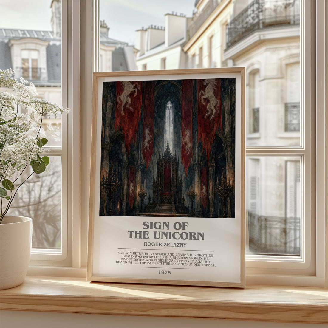 Sign of the Unicorn bookish poster colour and style options – Roger Zelazny book art