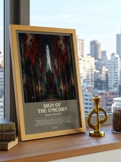 Sign of the Unicorn bookish print framed by window – literary home decor