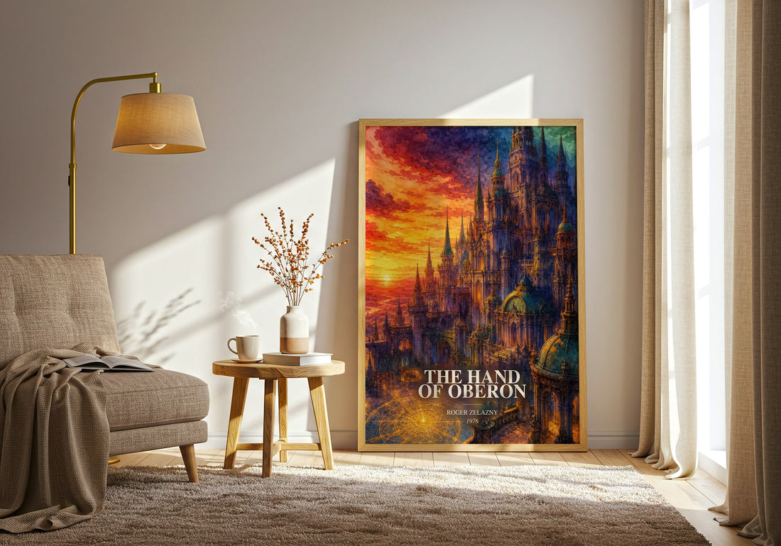 The Hand of Oberon watercolour print in frame leaning in hallway – fantasy wall art (mockup)