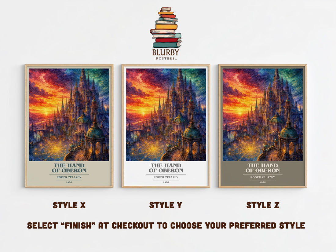 The Hand of Oberon book cover print in frame leaning in hallway – fantasy wall art (mockup)