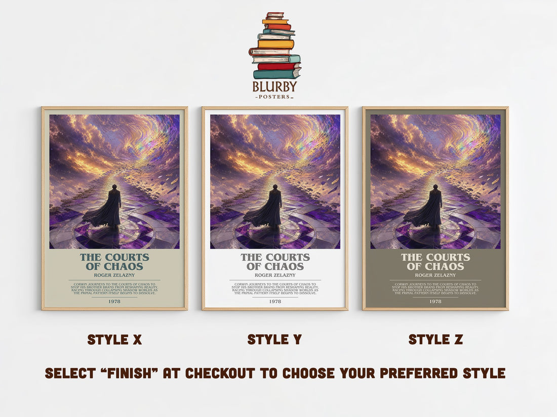 The Courts of Chaos bookish print in frame leaning in hallway – fantasy wall art (mockup)