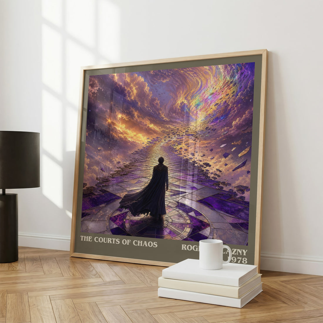 The Courts of Chaos Literary Art Print by Roger Zelazny – large square framed print leaning against a wall