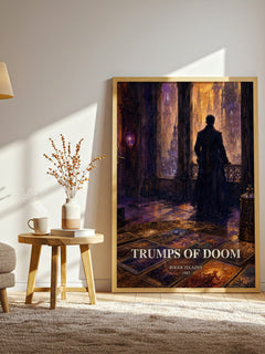 Trumps of Doom watercolour print in frame leaning in hallway – fantasy wall art