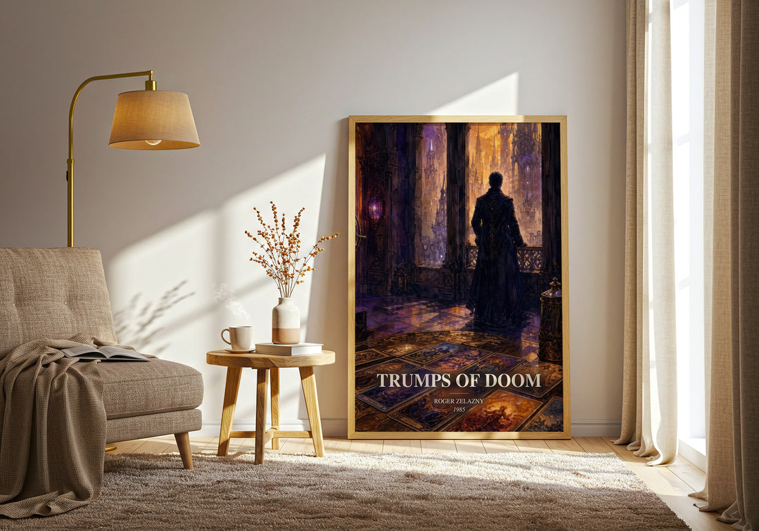 Trumps of Doom watercolour print in frame leaning in hallway – fantasy wall art (mockup)