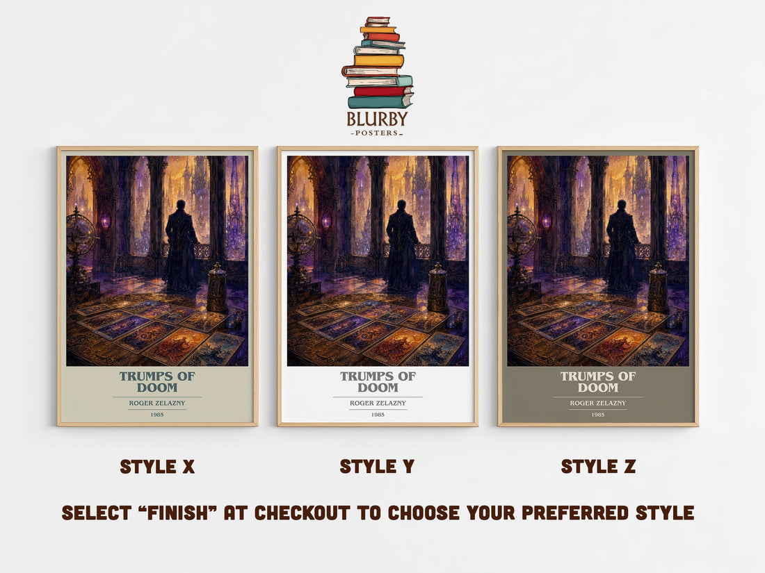 Trumps of Doom book cover print in frame leaning in hallway – fantasy wall art (mockup)