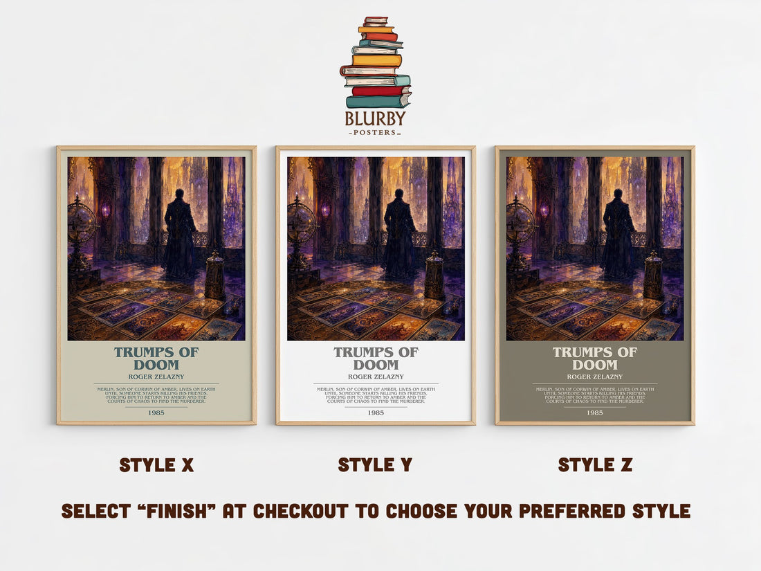 Trumps of Doom bookish print in frame leaning in hallway – fantasy wall art (mockup)