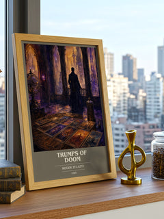 Trumps of Doom book cover print framed by window – literary home decor