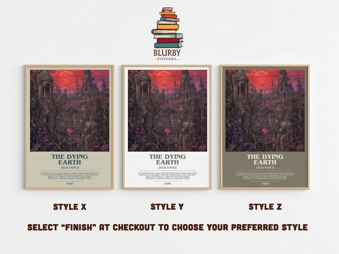 The Dying Earth bookish print in frame leaning in hallway – fantasy wall art (mockup)