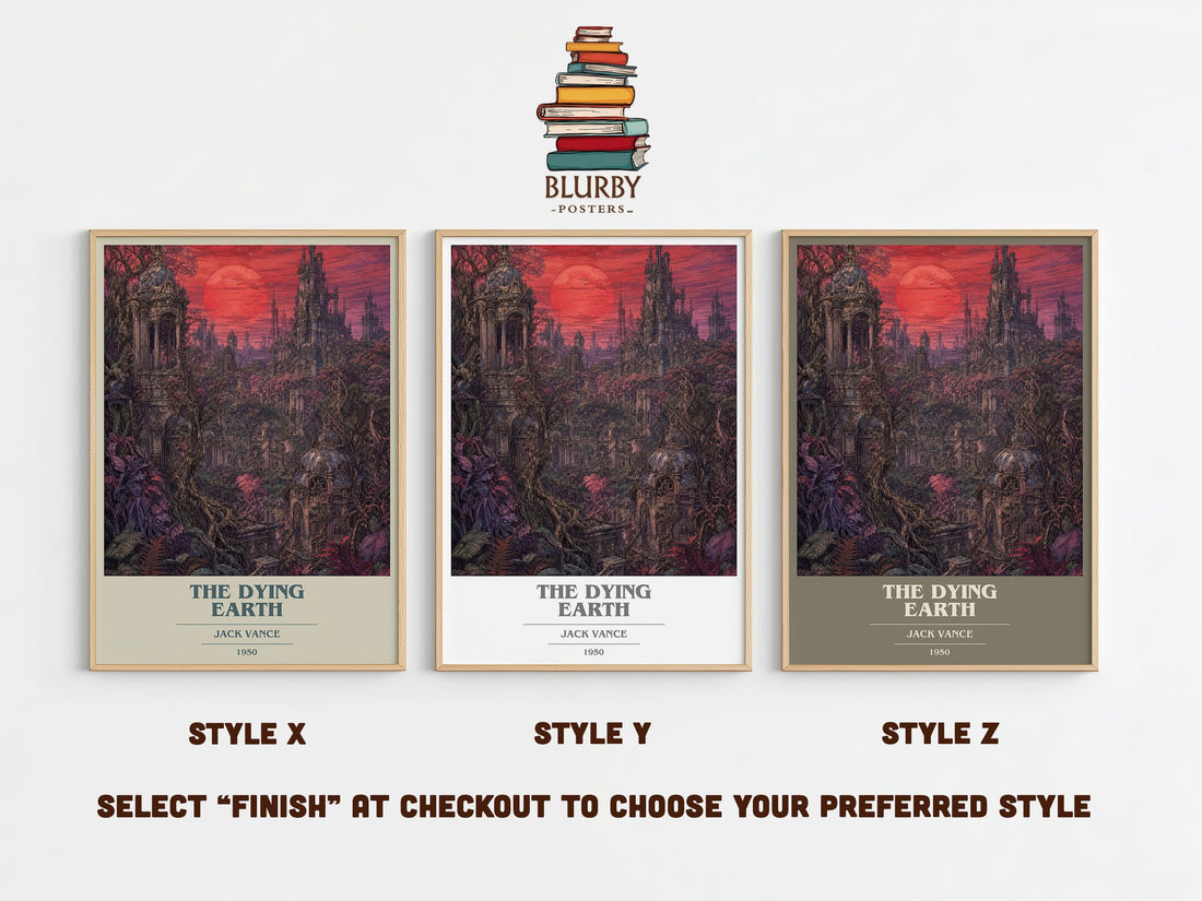 The Dying Earth book cover print in frame leaning in hallway – fantasy wall art (mockup)